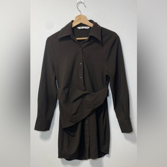 Zara TRF Chain Link Long Sleeve Buttondown Dress Dark Brown size S - Picture 2 of 8